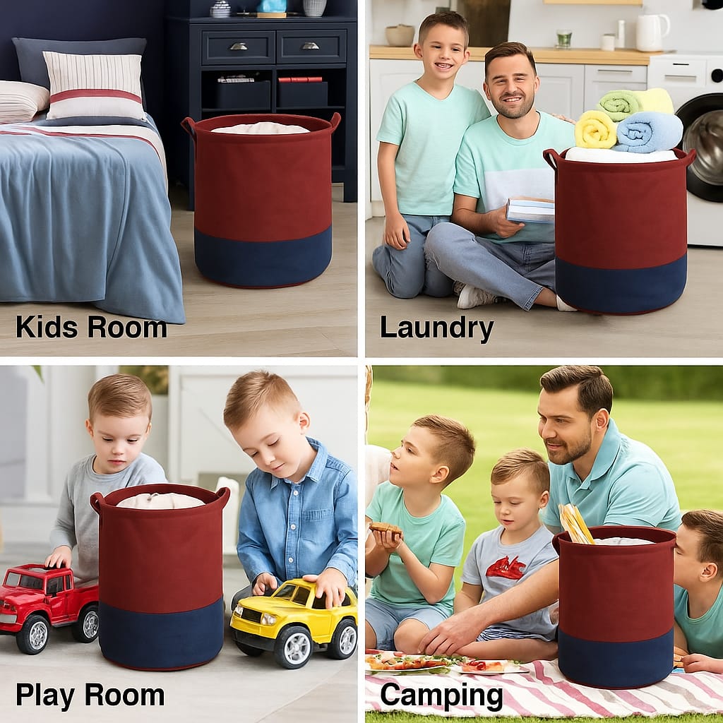 Maroon Blue Foldable Laundry Basket – 45L Large Capacity