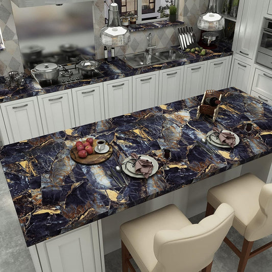 Glossy Blue Stone Marble Self-Adhesive Removable Wallpaper