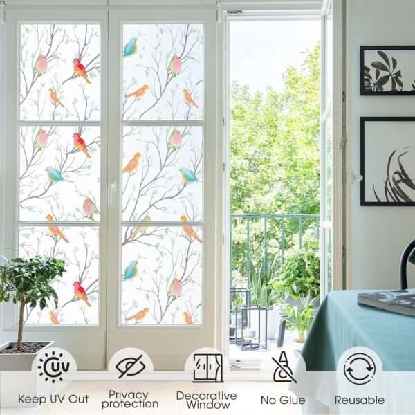 GREEWELT® Removable Self-Adhesive Privacy Colorful Bird Glass Film - Image 2